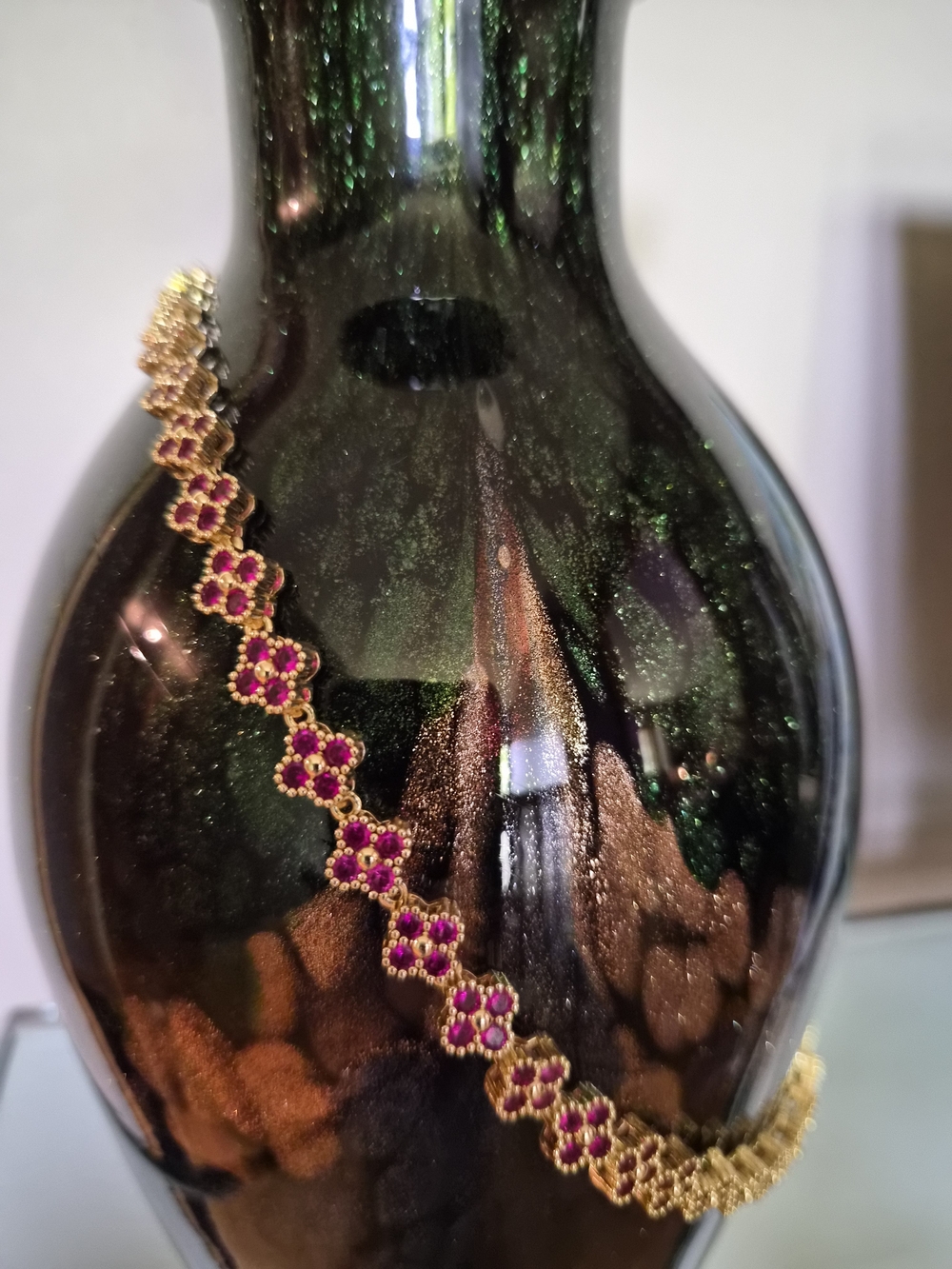 Gold-Plated Necklace with Pink Floral Gem Clusters